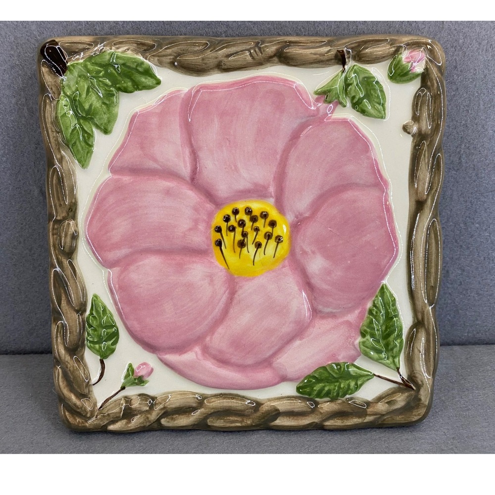 Franciscan Desert Rose Ceramic Trivet Square Pink Floral Made in Portugal 6.25in